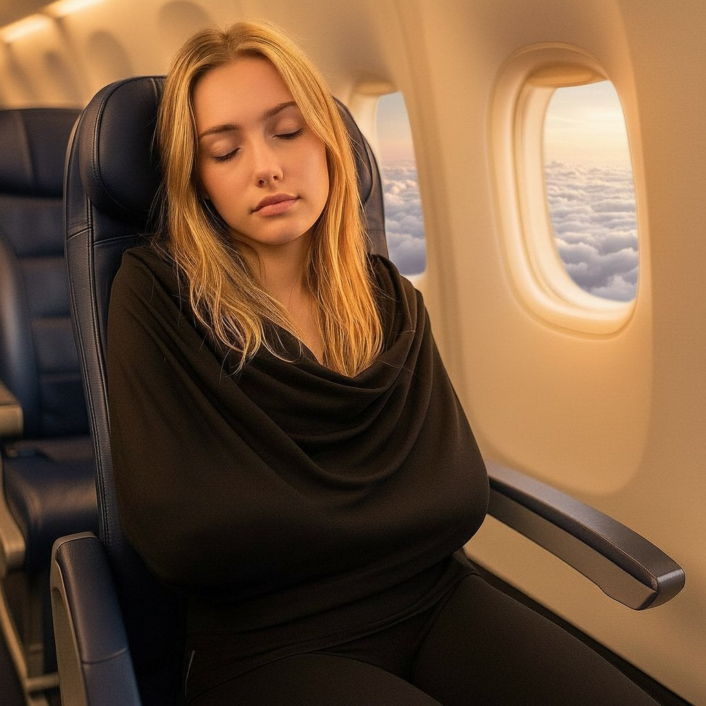 Traveler resting by the airplane window with the arm sling wrap