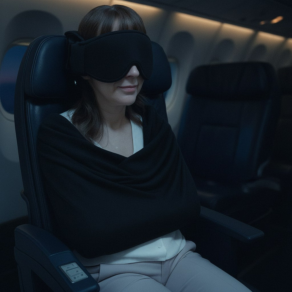 Night flight: head support and eye mask holding the head still